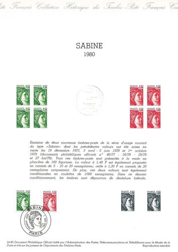 Document officiel rare série deux timbres Sabine 1980