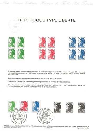 Document 1985 Émission de trois Timbres République Liberté