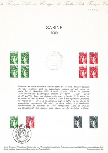 Document Philatélique Officiel Série deux timbres SABINE FRANCE 1980