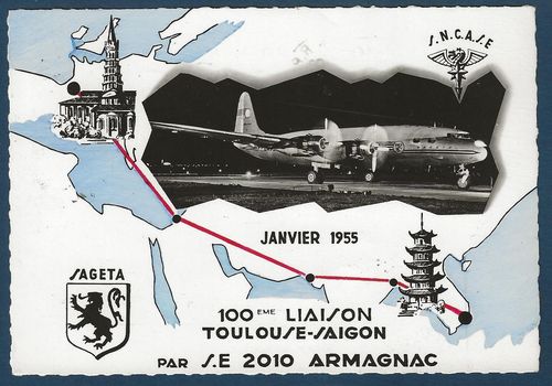 Carte maximum rare Liaison Toulouse Saigon Indochine 1955