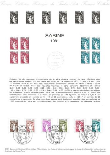 Document officiel les Sabines d'usage courant Série 6 valeurs 81