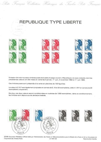 Document philatélique 1984 série trois timbres Liberté