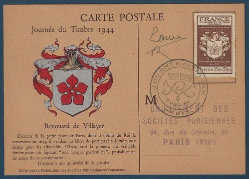 Carte postale 1944 rare Journée du Timbre 1944 Paris Signée L-R