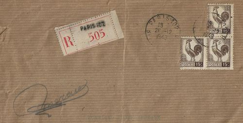 Lettre ancienne 1948 comprenant trois timbres Coq d'Alger RF 15f brun
