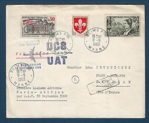 Lettre 1960 rare Première Liaison Aérienne Paris Abidjan par DC8-UAT