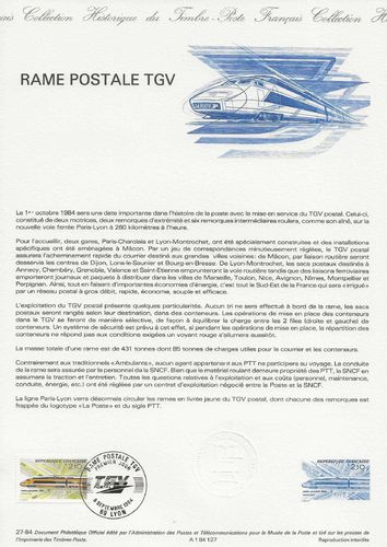 DOCUMENT PHILATÉLIQUE OFFICIEL RAME POSTALE TGV PARIS-LYON 1984
