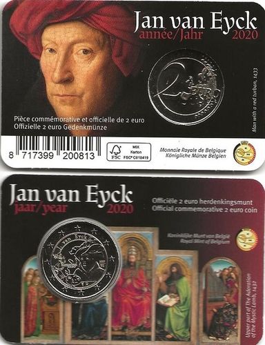 Pièce de 2 euros rare Belgique 2020 Portrait de JAN VAN EYCK