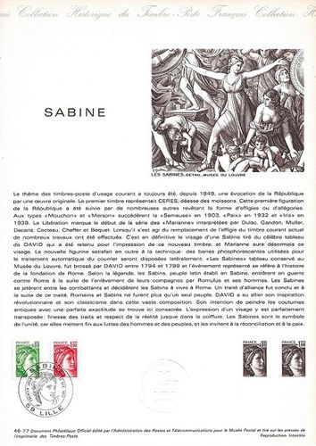Document thème des timbres-poste les SABINES SYMBOLE DE L'UNITÉ 1977
