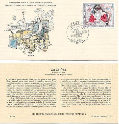 Enveloppe rare Monaco 1980 Tableau La lectrice de H Matisse