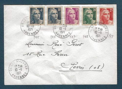 Lettre comprenant cinq timbres Marianne de Gandon N°725 à 729