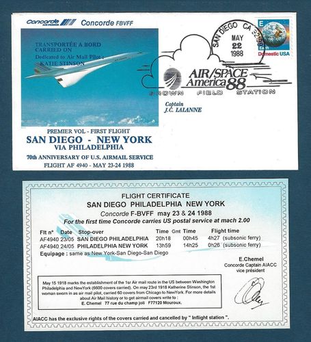 Enveloppe Transportée Concorde SAN DIEGO NEW YORK America