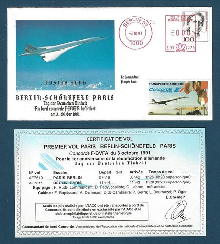 Lettre Concorde Premier Vol Paris BERLIN SCHÖNEFELD 1991