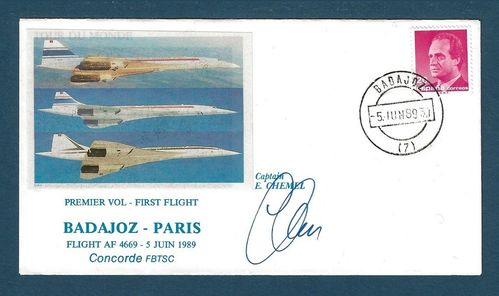 Enveloppe Concorde FBTSC Premier vol BADAJOZ PARIS 5 Juin 1989