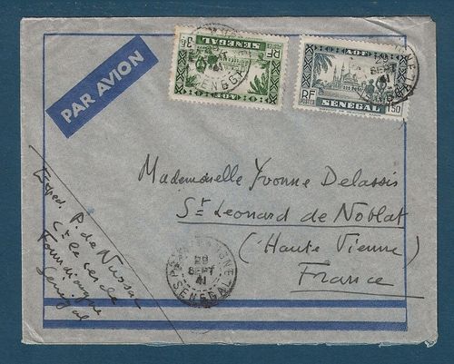 Lettre par avion deux timbres Sénégal Institut de Gravure Paris