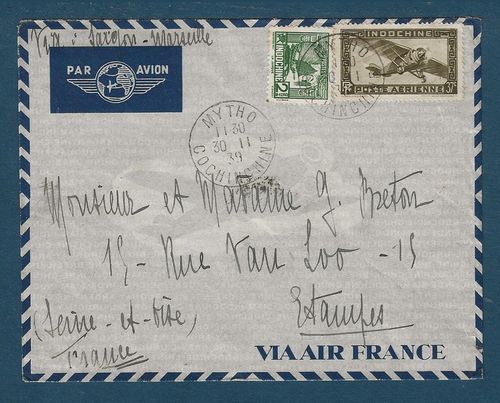 Lettre par avion avec timbres Indochine Poste Aérienne 1939