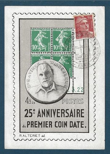 Carte rare timbre + vignette anniversaire premier coin daté