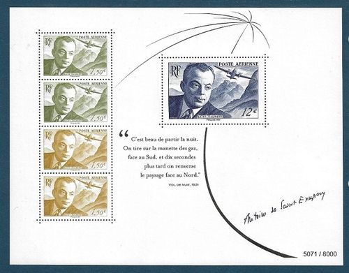 Feuillet 2021 comprenant 5 timbres Antoine de Saint Exupéry