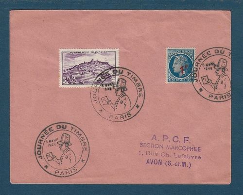 Enveloppe avec oblitération facteur Journée du Timbre 5 Mars 1948 Paris