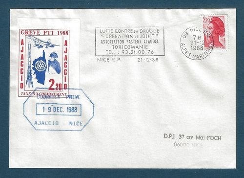 Enveloppe comprenant une vignette Greve PTT 1988 Ajaccio Nice