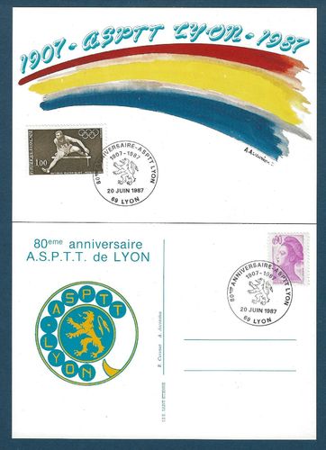 Document + carte philatélique ASPTT Lyon Association Sportive 1987