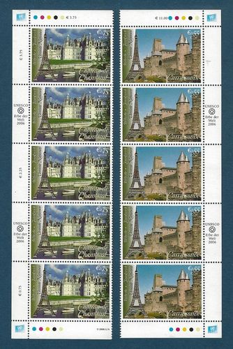 Bandes rares comprenant 5 timbres Tour Eiffel Paris Château