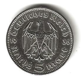 Pièce argent Allemagne 5 Reichsmark Paul Von Hindenburg 1936 A