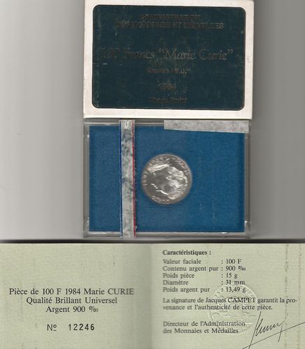 Pièce BU de 100 Francs argent 1984 Marie Curie à Tirage limité