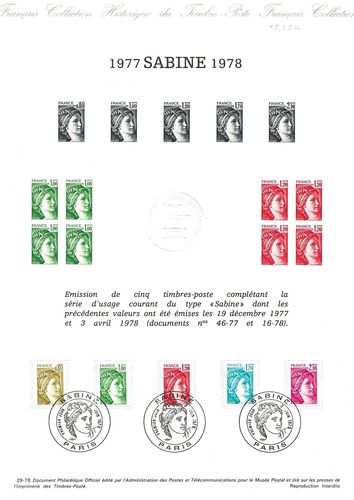 Document Philatélique Officiel Sabine Série cinq timbres SABINE FRANCE 1978