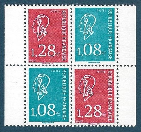 Bloc 2021 composé 4 timbres Marianne de Béquet rouge et bleue