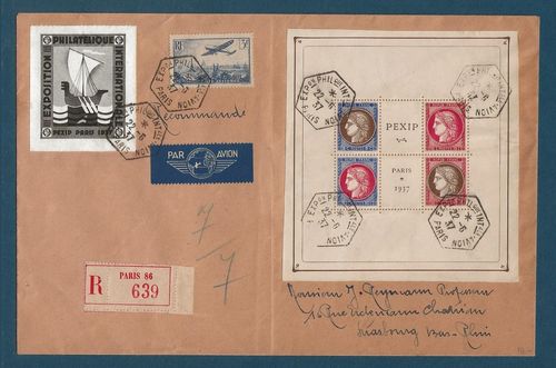 Enveloppe rare avec feuillet PEXIP PARIS 1937 Exposition