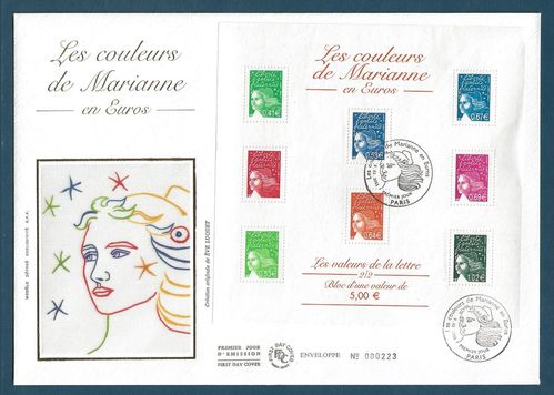 ENVELOPPE MARIANNE DE LUQUET 2002 LES COULEURS DE MARIANNE EN EUROS