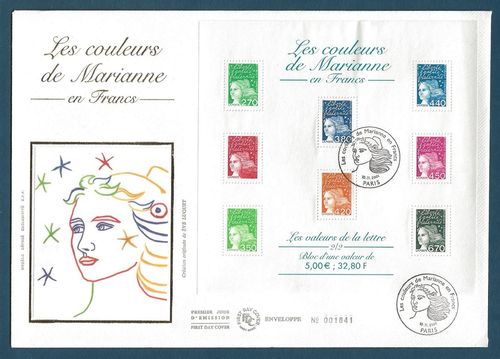 ENVELOPPE MARIANNE DE LUQUET 2001 LES COULEURS EN FRANCS