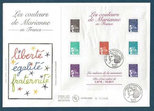 ENVELOPPE MARIANNE DE LUQUET 2001 LES VALEURS DE LA MONNAIE EN FRANCS