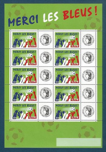 Feuillet 10 timbres Football Merci les Bleus vignettes Cérès