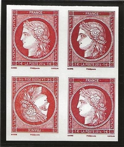 Bloc Cérès quatre timbres dont une tête bêche Salon du Timbre 2014