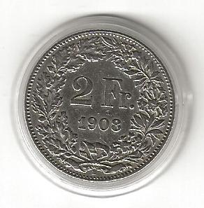 Pièce commémorative 2 Fr argent 1908 rare Helvetia personnage suisse