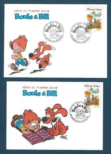 Enveloppe + carte postale Boule & Bill Fête du Timbre 2002 Charleville