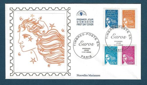 Enveloppe MARIANNE Série 4 timbres en €uros Liberté Fraternité