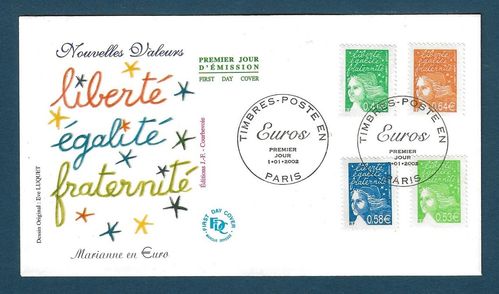 Enveloppe 2002 série 4 timbres-poste en Euros Marianne en Euro Liberté