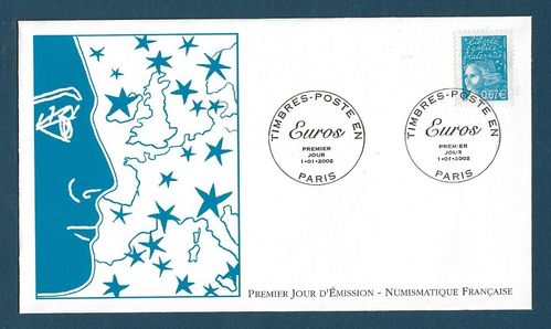 Enveloppe 2002 Marianne bleu Timbre Euros Émission