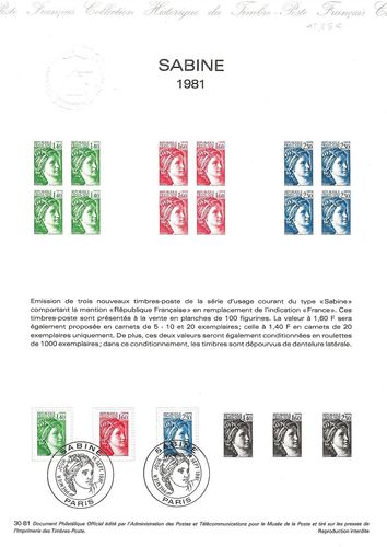 Document Série trois timbres SABINE RÉPUBLIQUE FRANÇAIS 1981
