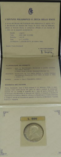 Pièce 500 Lires argent Michelangelo Buonarroti 1975