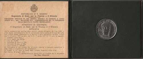 Saint Marin 1977 Pièce 1000 Lires argent commémorative BRUNELLESCO