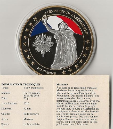 Médaille Cuivre argent doré Marianne Les piliers République
