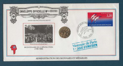 Enveloppe + Médaille officielle Bicentenaire Révolution Française 1989