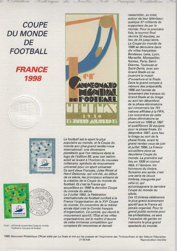 Document Philatélique Officiel COUPE DU MONDE DE FOOTBALL FRANCE 1998