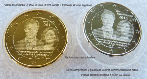 Pièces 2 Euros argentées et dorées Luxembourg 2015 Duc Henri