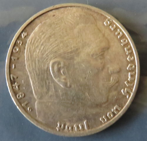 Pièce argent 2 Reichsmark 1939 G Portrait Paul von Hindenburg