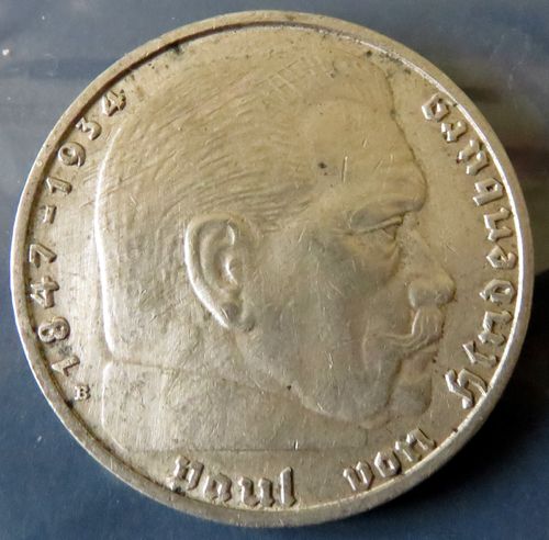 Pièce argent 2 Reichsmark 1938 B Portrait Paul von Hindenburg