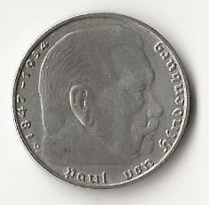 Pièce argent 2 reichsmark 1939 D Portrait Paul von Hindenburg